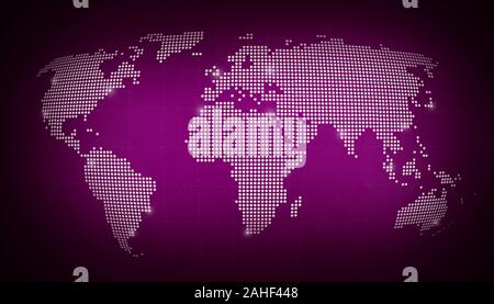 Dotted world map with some highlighted cities on blurred dark purple background. High resolution abstract illustration.