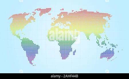 Dotted world map with smooth color gradient on light blue background. LGBT movement's rainbow flag's colors. High resolution concept illustration. Stock Photo