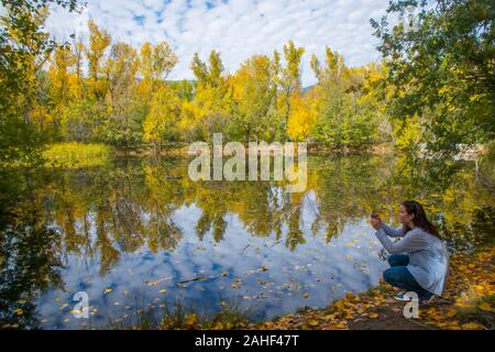 Woman taking photos at the Finnish Forest in Autumn. Rascafria, Madrid province, Spain. Stock Photo