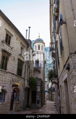 Early morning on an empty street in the old town, Kotor, Montenegro Stock Photo