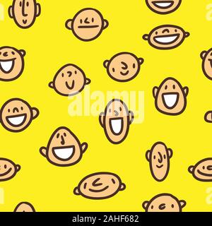 Cheerful seamless pattern with color funny faces on yellow buckground. Pattern with smiling people heads Stock Vector