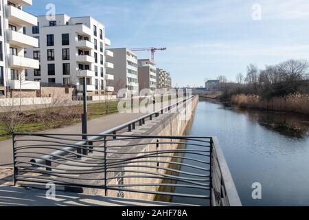 the nice view of the newly designed Lindenau harbour in Leipzig with its Karl-Heine canal, bridges and new houses Stock Photo