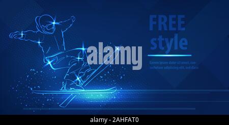 Freestyle ski man figure jumping sport blue neon Stock Vector