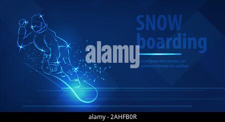 Snowboard man figure jumping sport blue neon banner Stock Vector