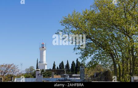 Overview of the historic and colonial center of Colonia del Sacramento with the lighthouse. It is one of the oldest cities in Uruguay. World Heritage Stock Photo