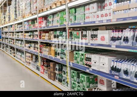 Kiev, Ukraine. July 19 2019 Different brands of beer on shelves in a hypermarket. Stock Photo