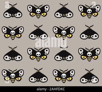 Death's head moth seamless pattern. Cartoon night butterfly with skull shape on wings. Vector background art illustration. Stock Vector