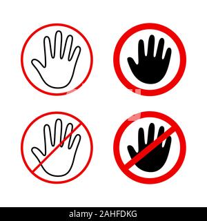 Human hand outline in red circle, stop sign, do not touch. Black silhouette and thin line art icon, vector illustration set. Stock Vector