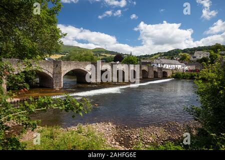 River Usk and 18th century stone bridge leading to Crickhowell, Powys, Wales Stock Photo