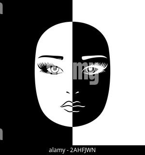 Abstract beautiful female face split in negative and positive space, black and white conceptual expression, hand drawing illustration Stock Vector
