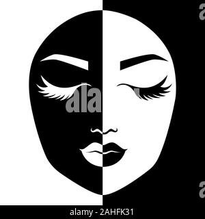 Abstract woman's face with closed eyes split in negative and positive space, black and white conceptual expression, hand drawing illustration Stock Vector