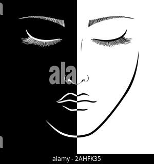 Abstract of charming woman's face with closed eyes split in negative and positive space, black and white conceptual expression, hand drawing illustrat Stock Vector