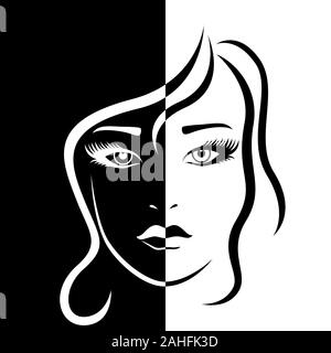 Abstract beautiful female face split in Negative Positive space, black and white conceptual expression, hand drawing illustration Stock Vector