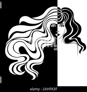 Abstract of beautiful woman's face in negative and positive space, hand drawing illustration, black and white conceptual expression Stock Vector