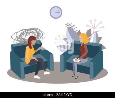 Psychotherapy session vector illustration. Woman psychologist and woman patient, society psychiatry concept Stock Vector