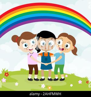 EPS10 vector file showing happy young girls with different skin colors, laughing, hug each other and having fun together with summer background Stock Vector