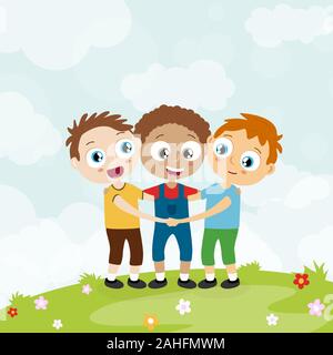 EPS10 vector file showing happy young boys with different skin colors, laughing, hug each other and having fun together with summer background Stock Vector
