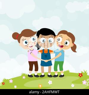 EPS10 vector file showing happy young girls with different skin colors, laughing, hug each other and having fun together with summer background Stock Vector