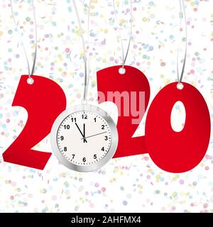 red numbers showing New Year 2020 with silver clock and confetti background Stock Vector