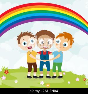 EPS10 vector file showing happy young boys with different skin colors, laughing, hug each other and having fun together with summer background and rai Stock Vector