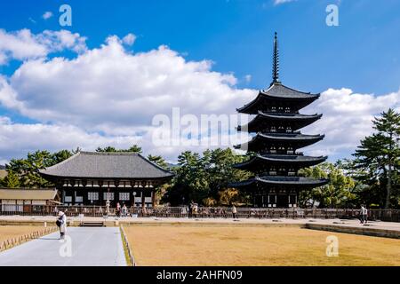 Kofuku-ji Temple in Nara, Japan, View of the Five-storied Pagoda and the East Golden Hall Stock Photo