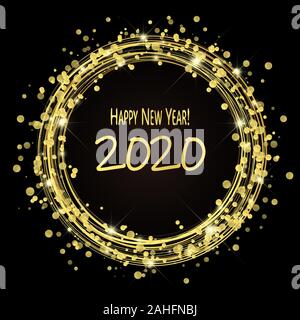 round lightning with dots and sparkle effects colored golden on dark background with Happy New Year 2020 greetings Stock Vector