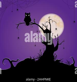spooky dark owl sitting on a dead tree in front of a full moon with other scary illustrated elements for Halloween background layouts Stock Vector