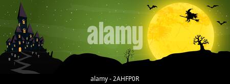 spooky halloween castle with grave stones and a witch in front of an yellow full moon with bats Stock Vector