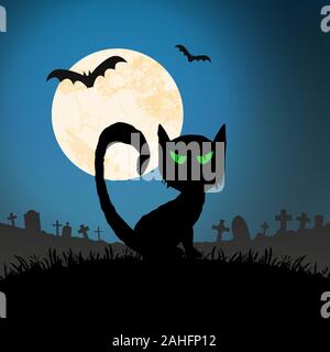 spooky cat in front of a full moon with grave stones and other scary illustrated elements for Halloween background layouts