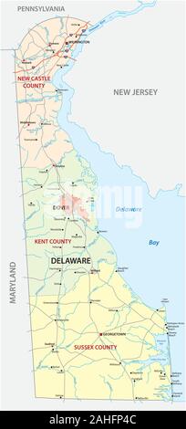road and administrative map of the US American State of Delaware Stock Vector