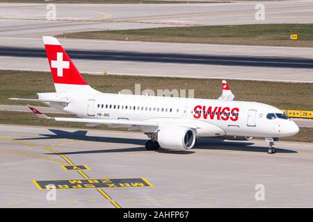 Zurich, Switzerland - March 30, 2019: Swiss International Airlines Airbus A220 airplane at Zurich airport (ZRH) in Switzerland. Airbus is an aircraft Stock Photo