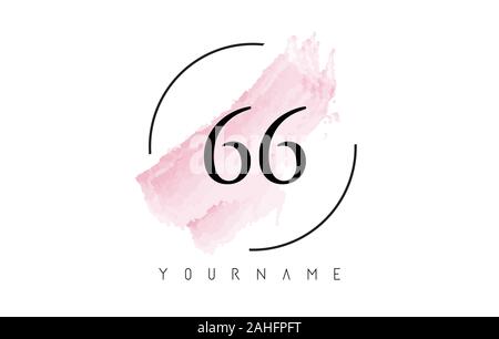 Number 66 Watercolor Stroke Logo with Circular Shape and Pastel Pink Brush Vector Design Stock Vector