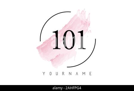 Number 101 Watercolor Stroke Logo with Circular Shape and Pastel Pink Brush Vector Design Stock Vector