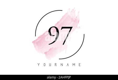 Number 97 Watercolor Stroke Logo with Circular Shape and Pastel Pink Brush Vector Design Stock Vector