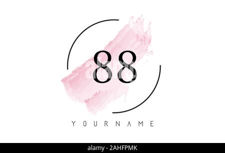 Number 88 Watercolor Stroke Logo with Circular Shape and Pastel Pink Brush Vector Design Stock Vector