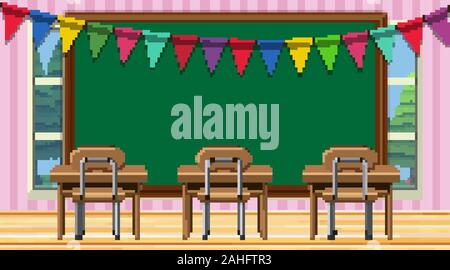 Classroom scene with blackboard and desks illustration Stock Vector