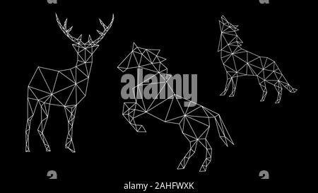Fashion geometric out of white contour of a deer, horse and wolf on a dark background. Minimalism in the style of trigonometry. Stock Vector