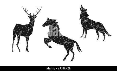 Contemporary geometric image of a deer, horse and wolf from triangles on a white background. Minimalism in the style of trigonometry. Stock Vector
