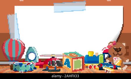 Border template with many toys on the floor illustration Stock Vector