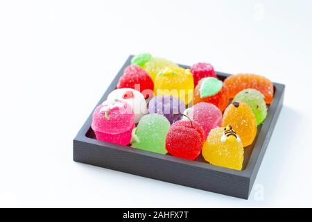 Fruit Shaped Jellies in a square tray isolated on white Stock Photo