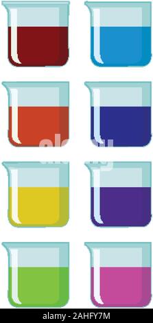 Set of beakers with colorful chemical inside illustration Stock Vector