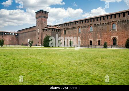 Inside view of sforzesco castle wall and garden, Milan city centre, Lombardy, Northern Italy Stock Photo