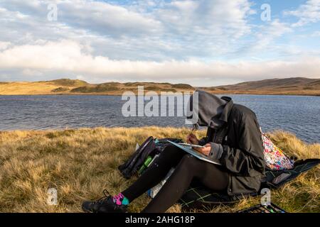 Teifi Pools, Cambrian Mountains, Ceredigion, Wales, UK. 29th December 2019  UK Weather: Cloudy with outbreaks of sunshine on the Cambrian Mountains in mid Wales, as a young girl practices her painting skills next to Llyn Egnant, one of the nearby lakes which make up ‘Teifi Pools’. Few of the lakes have been harnessed for water supply with dams. © Ian Jones/Alamy Live News Stock Photo