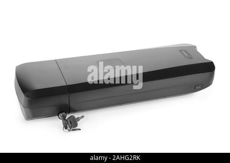 Large black electric bike li-ion battery with keys. Isolated on white, clipping path included Stock Photo