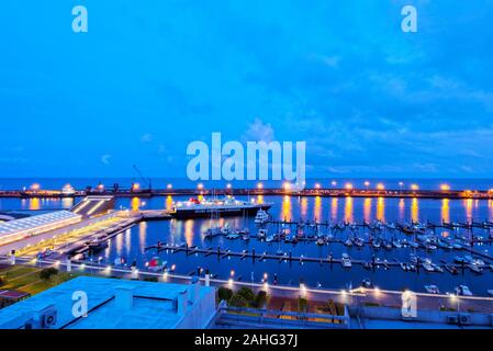 Port in Ponta Delgada at twilight, elevated view, Sao Miguel Island, Azores, Portugal Stock Photo