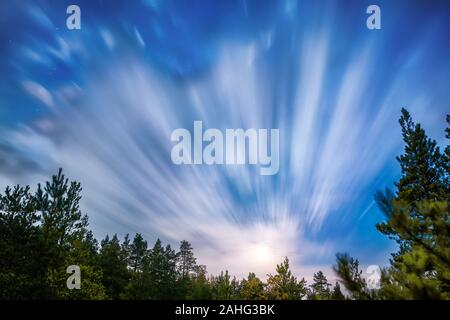 Moving clouds over night forest. Long exposure hdr image Stock Photo