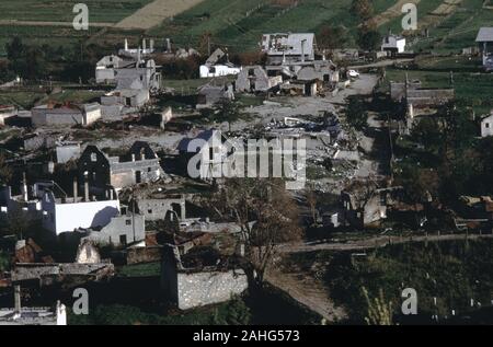 13th August 1993 During the war in Bosnia: the completely destroyed Muslim village of Dejčići on Bjelašnica mountain, south of Sarajevo - not a single building remains unscathed.