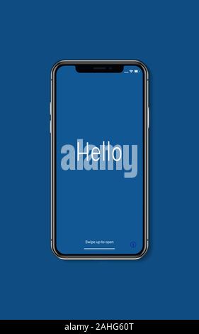 Realistic model of a modern device with a shadow for your advertising, text, inserts, promotion. In popular classic blue shades. Stock Vector