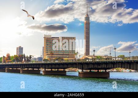 Qasr al-Nil Bridge over the Nile and the Tower of Cairo, Egypt Stock Photo