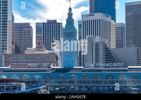 Embarcadero clocktower, Ferry Building at Port of San Francisco, viewed from the water Stock Photo